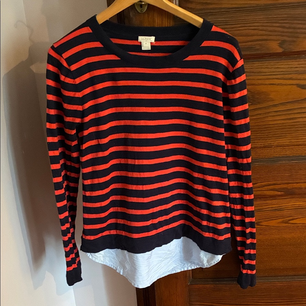 J. Crew Red and Black Striped Layered-Look Pullover